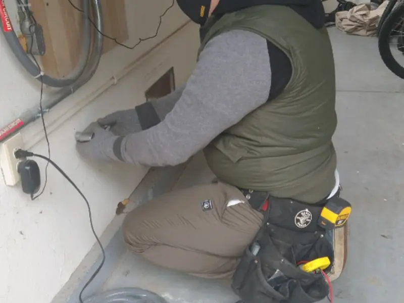 Electrician performing outlet wiring in a Aumsville garage